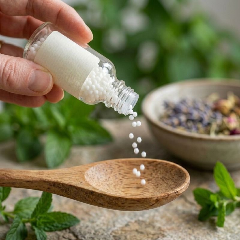 Granules homéopathiques sur une cuillère en bois